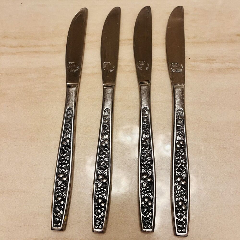 4pc Vintage Pageant Harvest Dinner Knife 8.5” Stainless JAPAN Fruit Black Accent